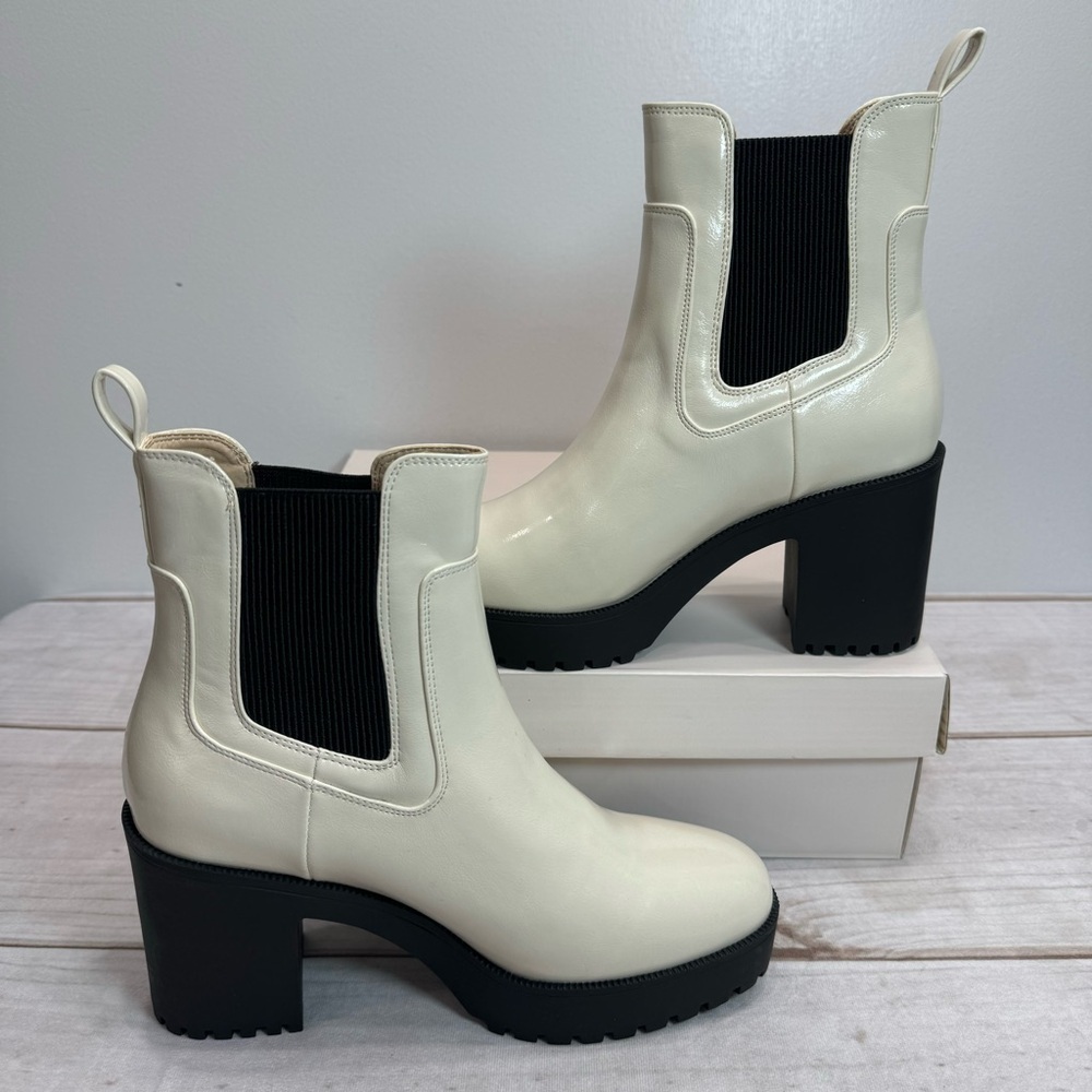 Heeled Platform Chelsea Boots Cream Patent Faux Leather Chinese Laundry Lug Sole - Picture 3 of 11